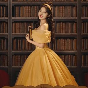 옐로우 이브닝 가운 여성용 2025 신상 고급 럭셔리 벨 공주 웨딩 드레스 고급 슈퍼 동화 속 숲 시스템