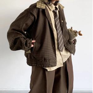 레트로 일본식 격자 무늬 재킷 남녀 봄 가을 대학 스타일 패치워크 자수 루즈 캐주얼 재킷 트렌디