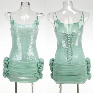 스팽글 반짝 이는 섹시한 미니 드레스 민소매 백리스 타이 업 플라워 셔링 댄스 파티 드레스 칵테일 이브닝 가운 웨딩 게스트 드레스