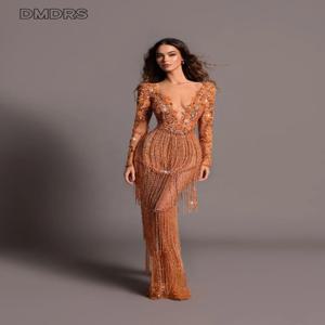 고급스러운 크리스탈 술 댄스 파티 드레스 절묘한 긴 소매 파티 드레스 우아한 v 넥 a 라인 바닥 길이 이브닝 가운 사용자 정의