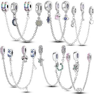 925 스털링 실버 안전 체인 별 달 태양 하트 리본 실리콘 클립 참 오리지널 팔찌 DIY 쥬얼리 선물