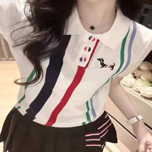 우아한 수 놓은 얼음 실크 짧은 소매 티셔츠 여성을위한 니트 스웨터 여름 패션 클래식 스트라이프 개 디자인 탑