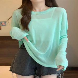 유럽풍 얇은 아이스 실크 긴팔 자외선 차단 셔츠 여성 시스루 큰 사이즈 에어컨 탑