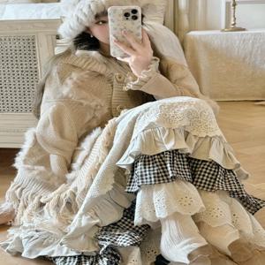 스위트 걸 플레이드 레이스 스플라이싱 미니 스커트 여성 봄 가을 헤비 디자인 센스 젊은 감각 롱 스커트 한국 스타일 출퇴근용