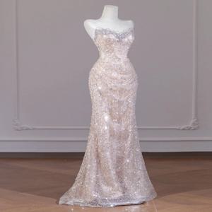 우아하고 섹시한 피쉬테일 이브닝 드레스, 스트랩리스 반짝이 스팽글, 호스티스 연말 파티, 한국 스타일 미드 웨이스트 롱 드레스