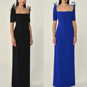 맞춤형 클래식 고품질 저지 깃털 셔링 스트레이트 스퀘어 넥 롱 드레스 맞춤형 행사 드레스 사이즈 사용 가능