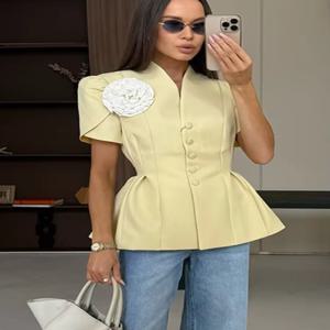 여성 시크 숏 슬리브 허리 조절 슬림 재킷 우아한 솔리드 플리츠 싱글 브레스티드 숏 블레이저 수트 2025 신상 여성 오피스룩