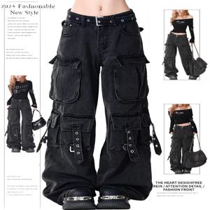 아메리칸 바이브 하이 스트리트 멀티 포켓 블랙 워크웨어 청바지 여성용 봄 가을 하이 웨이스트 스트레이트 루즈 와이드 레그 팬츠