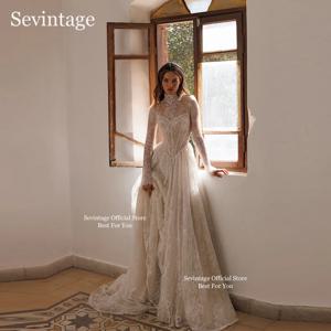 세빈티지 풀 레이스 아이보리 웨딩드레스 하이 칼라 롱 슬리브 브라이덜 가운 플로어 기장 A라인 웨딩드레스 2025 맞춤 제작