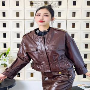 패션 여성 O넥 지퍼 빈티지 오일 왁스 양가죽 재킷 가을 펑크 스타일 루즈핏 밴딩 허리 진짜 가죽 재킷
