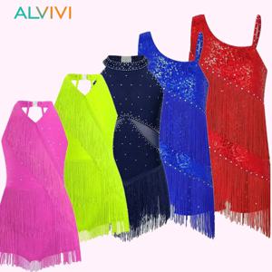 어린이 소녀 체조 라틴 댄스 의상 반짝이는 라인스톤 프린지 레오타드 룸바 삼바 살사 재즈 댄스 태슬 점프수트