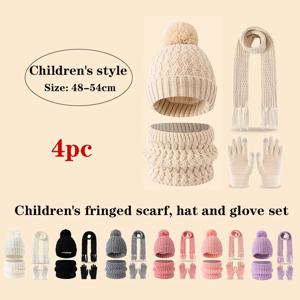 겨울용 귀여운 싱글볼 플리스와 두꺼운 3-14세 아동용 태슬 스카프, 모자, 장갑 세트
