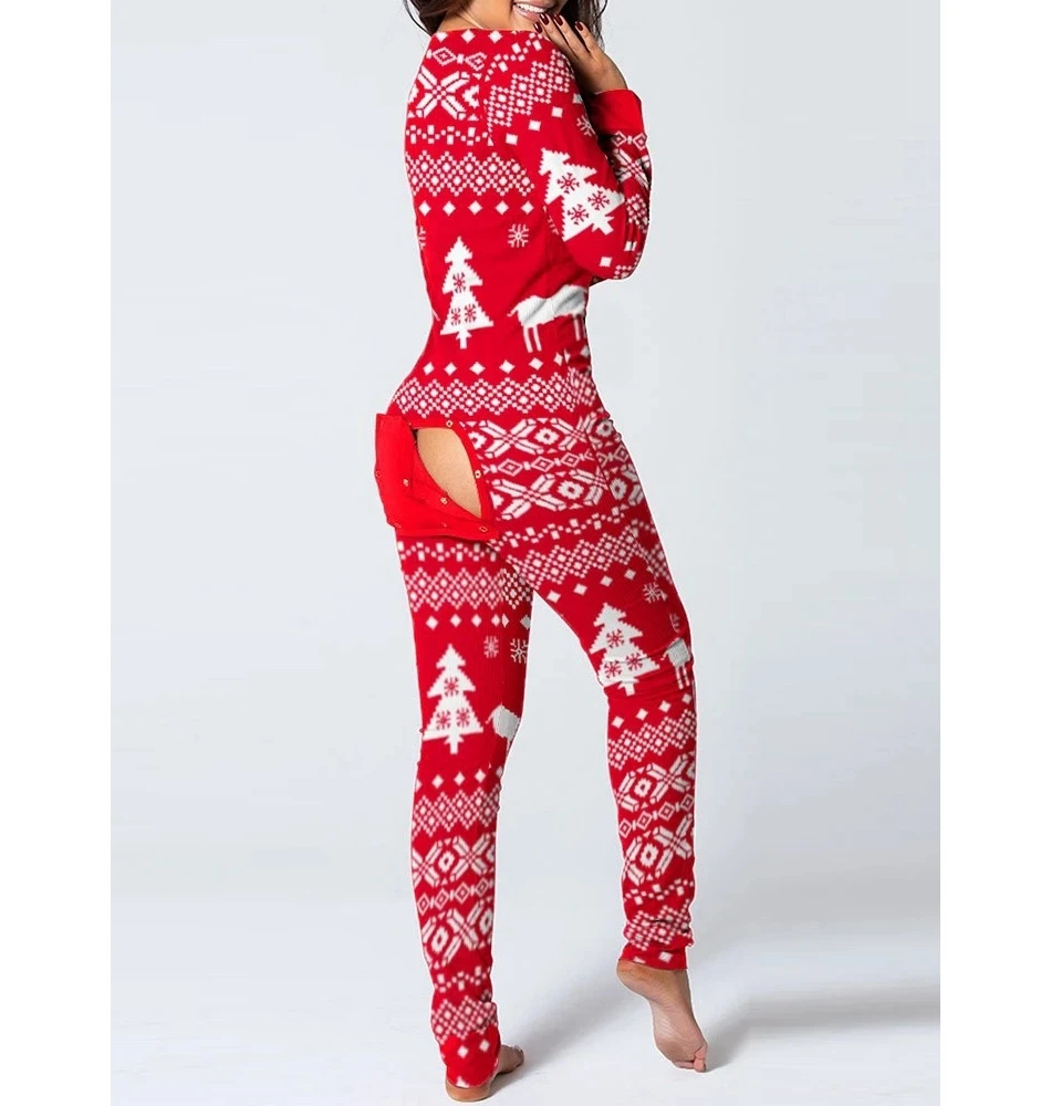 패션 여성용 눈송이 엘크 프린트 버튼 프론트 슬림 점프수트 섹시한 긴 소매 브이넥 성인용 원피스 새해 크리스마스용