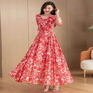 2025년 신상 여름 출퇴근용 롱 스커트 슬림핏 쉬폰 프린트 휴가 비치 포켓 손수건 큰 스윙 드레스