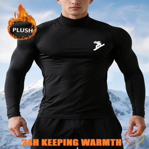 1세트 남성용 블랙 웜 컴프레션 플리스 트랙수트 모크넥 스케이트보더 프린트 슬림핏 엘라스틱 스포츠웨어 러닝 트레이닝복