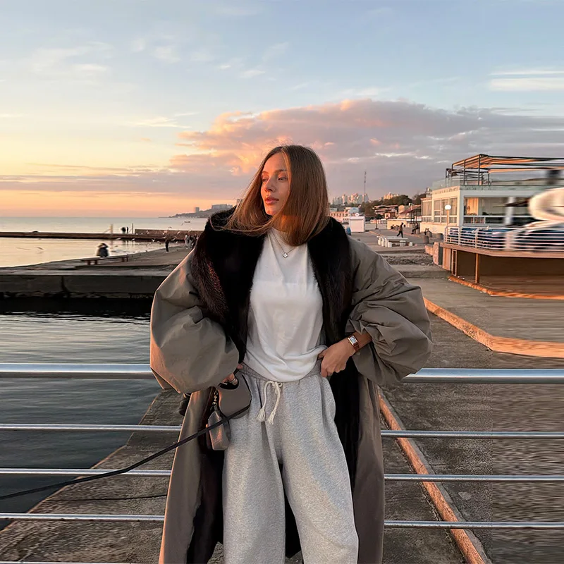 여성용 오버사이즈 롱 코트 루즈 핏 인조 모피 칼라 레이스업 재킷 패션 긴 소매 외투 2025년 신상 겨울 코트