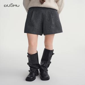 DUSHU 스팽글 반짝이 반바지 여성용 신상 겨울 2025 스타일 하이웨이스트 반바지 와이드 레그 출퇴근용 한국 스타일 인스 트렌디