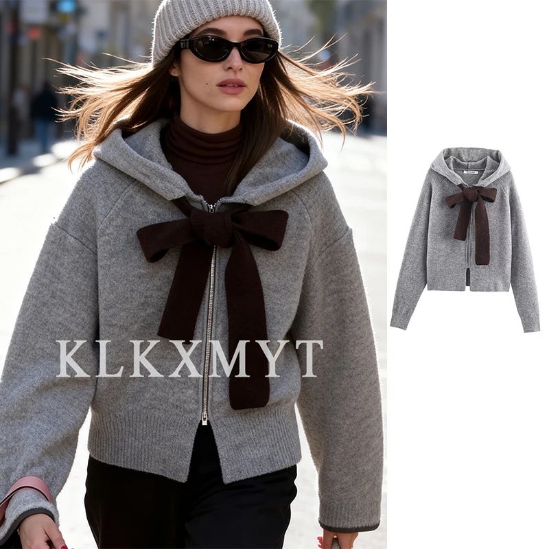 여성 니트 재킷 2025 여성 긴 소매 지퍼 후드 재킷 하이 스트리트 숏 코트 여성 가을 신상 아우터웨어