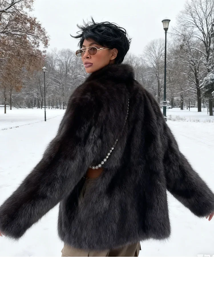 브라운 중간 길이 모피 코트 여성용 라펠 히든 버튼 루즈 엘레강트 아우터웨어 2025 패션 오피스 레이디 출퇴근용 오버코트 신상품