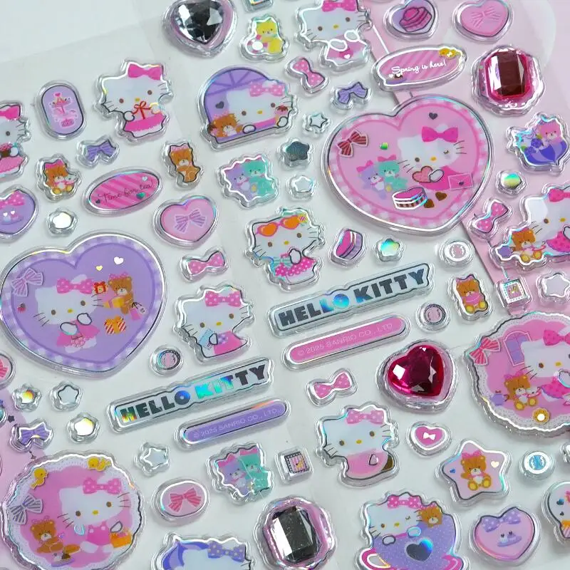 산리오 새로운 헬로키티 3D 레이저 유리 다이아몬드 크리스탈 스티커 두꺼운 PVC 스티커 냉장고 전화 케이스 소녀 DIY 장식 선물