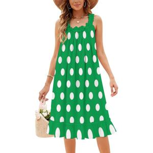 클래식 물방울 무늬 _ 화이트 미디엄 그린 비비드 빈티지 보헤미안 드레스 퍼프 소매 또는 민소매 옵션 여성용 드레스