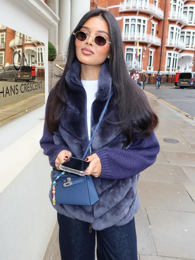 인조 모피 패치워크 여성 겨울 코트 럭셔리 스탠드 칼라 지퍼 재킷 스플라이싱 니트 소매 아우터웨어 2025 신상 여성 코트