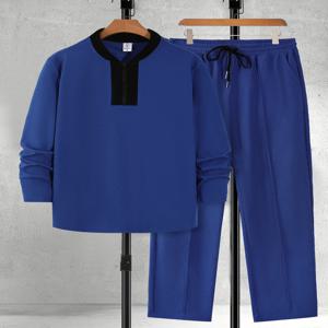 남성용 로얄 블루 컬러 블록 긴팔 세트 와플 텍스처 하프 집업 캐주얼 투피스 수트 지퍼 디테일 블랙 블루 스플라이스