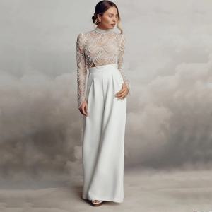 절묘한 높은 목 구슬 새 웨딩 드레스 섹시한 환상 긴 소매 진주 중공업 신부 시민 맞춤형 베스 티드 드 Novia