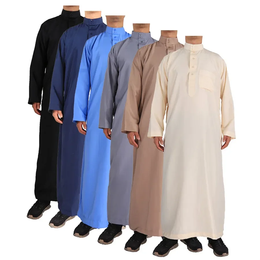 솔리드 이슬람 패션 남자 가운 Kaftan Abaya 파키스탄 Jubba 남자 보닛 옴므 Musulman 아랍어 이슬람 의류 Qamis Homme Musulman
