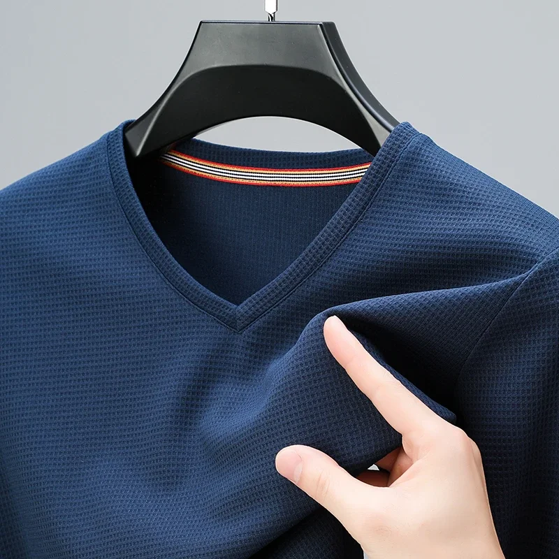 2024 남성용 뉴 와플 V 넥 반팔 티셔츠 여름 편안한 탑