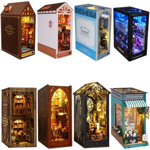 DIY 책 구석 키트 선반 삽입 인형 집 모델 구축 키트 나무 책장 룸 인형 집 북 엔드 장난감 성인을위한 생일 선물