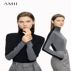 Amii 여성 스웨터 2024 겨울 미니멀리즘 긴 소매 하이 넥 슬림 소프트 니트 탑 점퍼 패치 워크 스웨터 의류 12414019