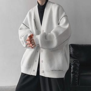 남녀공용 V넥 가디건 스웨터, 한국 빈티지 니트웨어, 루즈 레이지 스타일, 패션 브랜드, 가을