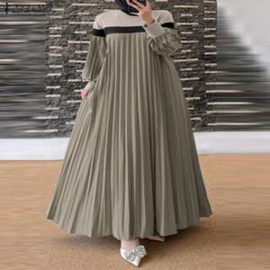 ZANZEA 여성 무슬림 원피스 터키 아바야 우아한 긴 랜턴 소매 패치워크 선드레스, 플리츠 드레스, 이슬람 두바이 로브, 가을