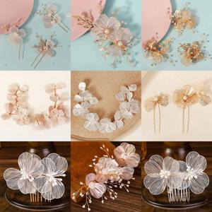 패션 수제 진주 머리띠 한국어 미적 금 꽃잎 헤어 액세서리 세트 신부 웨딩 머리 장식 헤어 밴드