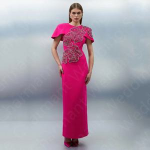 사용자 정의 아랍어 댄스 파티 드레스 핑크 2025 이브닝 드레스 크리스탈 페르시 케이프 슬리브 웨딩 파티 가운 뒤로 슬릿 라운드 넥