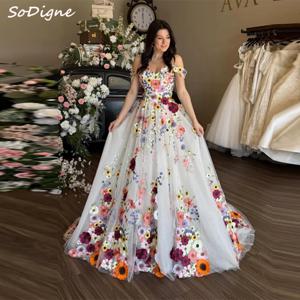 SoDigne a 라인 꽃 자수 Tulle 웨딩 드레스 아가 오프 숄더 롱 비치 신부 가운 vestidos de novia Customized