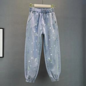 2025 년 여름을위한 하이 웨이스트 청바지 새로운 느슨한 탄성 허리 핫 프레스 다이아몬드 바지 여성 캐주얼 데님 바지