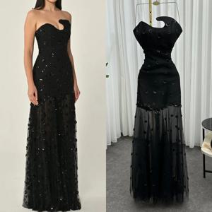 맞춤형 패션 복잡한 저지 라인스톤 수제 꽃 구슬 장식 스트레이트 스트랩리스 롱 드레스 맞춤 제작 행사 드레스