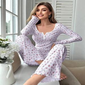 가을 겨울 잠옷 세트 여성 잠옷 꽃 프린트 양상추 트림 탑 긴 바지 러블리 Loungewear 풀 슬리브 Nightwear