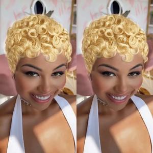 여성용 픽시컷 곱슬 가발, 짧은 레이어드 픽시컷 브라질리언 인모 가발, 전체 머신메이드 가발