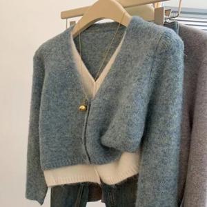 우아한 브이넥 니트 오픈 가디건 스웨터 여성 미니어처 레이지 스타일 고급스러운 느낌 탑 한국 시스템 긴팔