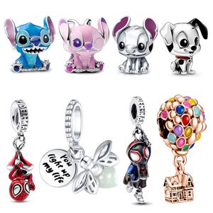 Plata De Ley 925 실버 참 디즈니 블루 핑크 스티치 펜던트 비드 오리지널 팔찌 팔찌 DIY 쥬얼리 선물 댕글