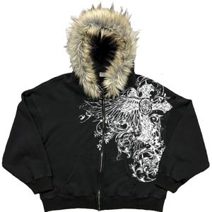 유럽과 미국 스타일의 부활절 남성과 여성의 플러시 엣지 장식 재킷에 크로스 윙 패턴이 인쇄 된 펑크 Y2K