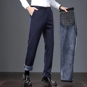 남성 비즈니스 캐주얼 바지 플리스 안감 바지 스트레이트 레그 스트레치 핏 겨울 오피스 드레스 바지 네이비 블루 편안함