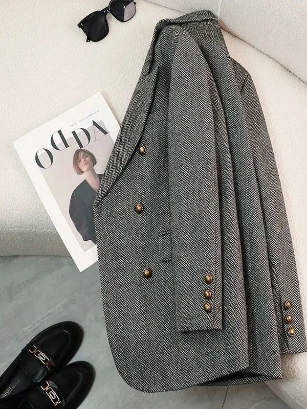 레트로 엘레강트 여성용 긴 소매 정장 재킷 캐주얼 루즈핏 한국 스타일 가을 겨울 신상 플러스 사이즈 캐주얼 탑