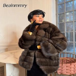 솔리드 패치워크 인조 모피 코트 여성 풀 슬리브 라펠 루즈 롱 스테이플 플러시 재킷 여성 2025 신상 겨울 패션 스트리트 아우터웨어