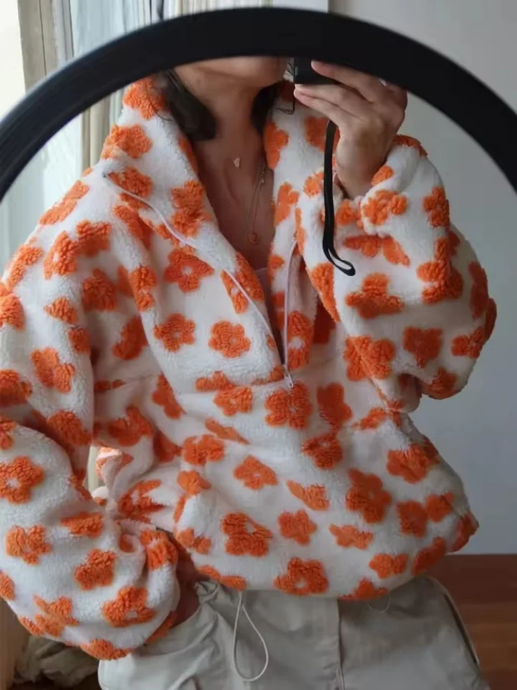 새로운 가을 겨울 여성용 셰르파 플로럴 캐주얼 풀오버 후드티 하프 집업 스타일 루즈핏 따뜻한 플리스 안감 스웨트셔츠
