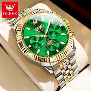 OLEVS 6688 남성 시계 럭셔리 브랜드 오리지널 스테인리스 스틸 문페이즈 캘린더 방수 발광 자동 기계식 시계