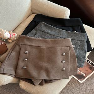 하이웨이스트 A라인 미니 스커트 여성용 가을 겨울 체크 울 스커트 슬림 숏 무릎 길이 팬츠 스커트